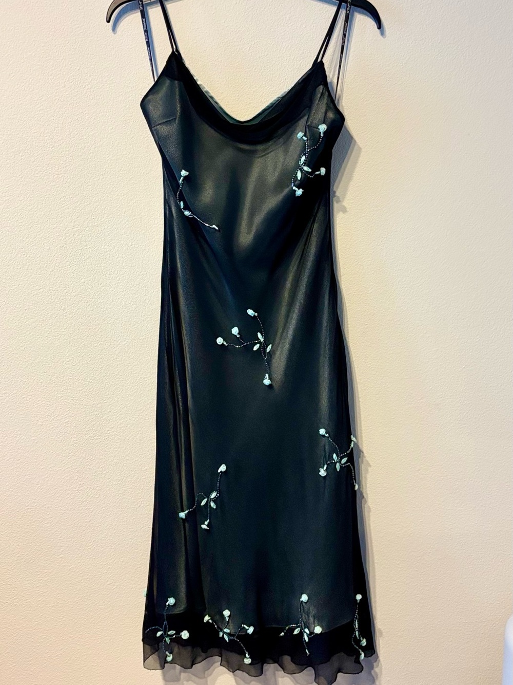 VTG Betsey Johnson Black Label 100% Silk Slip Dress Black Blue Rosette Size 8